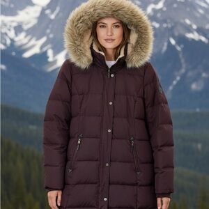 Lauren Ralph Lauren Womens Quilted Down Puffer Coat Faux Fur Hood Plum Sz M